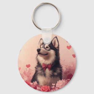 Alaskan Malamute mit Rose - Valentinstag Schlüsselanhänger