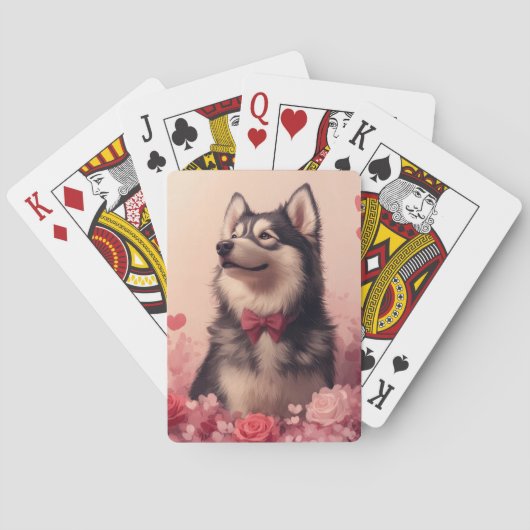 Alaskan Malamute mit Rose - Valentinstag Spielkarten (Rückseite)