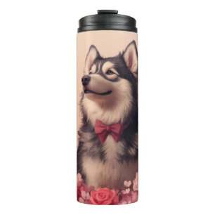 Alaskan Malamute mit Rose - Valentinstag Thermosbecher