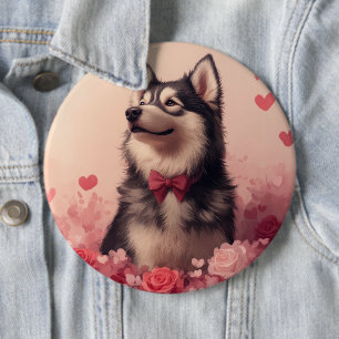 Alaskan Malamute mit Rosen - Valentinstag Button