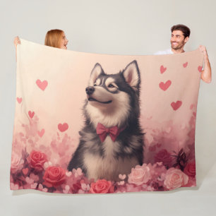 Alaskan Malamute mit Rosen - Valentinstag Fleecedecke