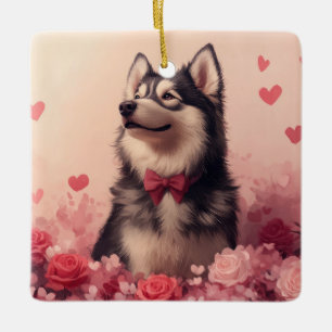 Alaskan Malamute mit Rosen - Valentinstag  Keramikornament