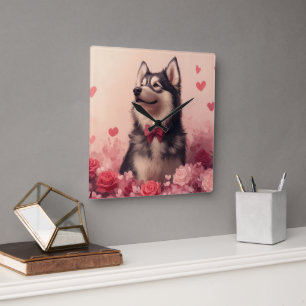 Alaskan Malamute mit Rosen - Valentinstag  Quadratische Wanduhr