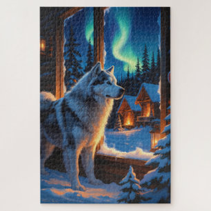 Alaskan Malamute mit Weihnachtsbeleuchtung Feierta Puzzle