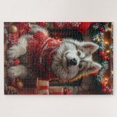 Alaskan Malamute mit Weihnachtsgeschenken Feuerpla Puzzle (Horizontal)