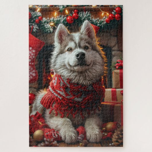 Alaskan Malamute mit Weihnachtsgeschenken Feuerpla Puzzle (Vertikal)