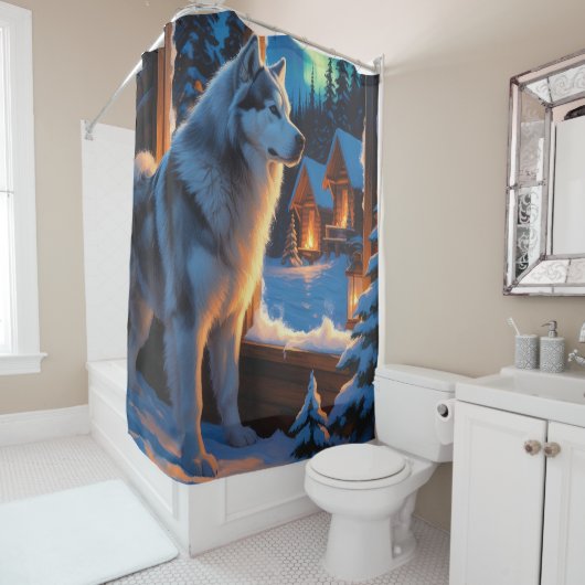 Alaskan Malamute mit Weihnachtslichtern Feiertag Duschvorhang (Beispiel)