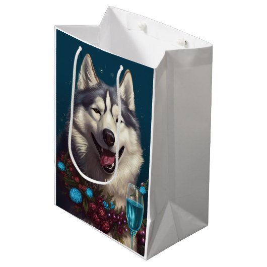 Alaskan Malamute Neujahr Mittlere Geschenktüte (Vorderseite Schrägansicht)
