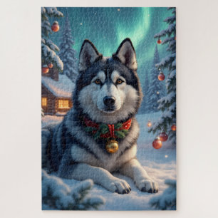 Alaskan Malamute Northern Lights Weihnachten  Puzzle