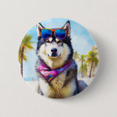 Alaskan Malamute on Beach, Sommergeschenk Button (Vorderseite)