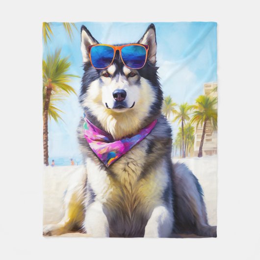 Alaskan Malamute on Beach, Sommergeschenk Fleecedecke (Vorderseite)