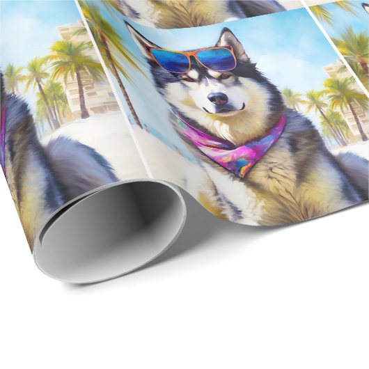 Alaskan Malamute on Beach, Sommergeschenk Geschenkpapier (Rolleneckpunkt)