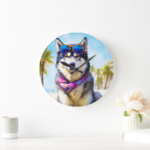 Alaskan Malamute on Beach, Sommergeschenk Große Wanduhr (Zuhause)