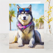 Alaskan Malamute on Beach, Sommergeschenk Karte (Gelbe Blume)