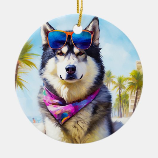 Alaskan Malamute on Beach, Sommergeschenk Keramik Ornament (Vorne)