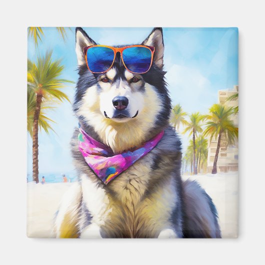 Alaskan Malamute on Beach, Sommergeschenk Magnet (Vorne)