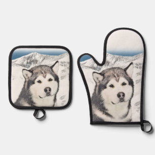 Alaskan Malamute Painting Mal Mally Sled Dog Art Ofenhandschuh & Topflappen-Set