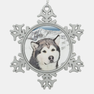 Alaskan Malamute Painting - Niedliche Original Dog Schneeflocken Zinn-Ornament