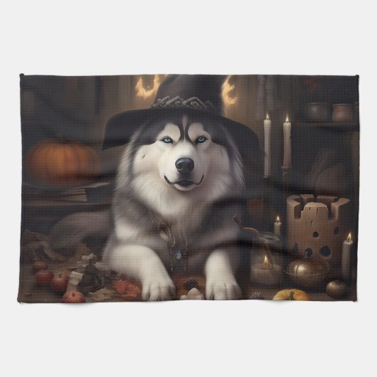 Alaskan Malamute Pumpkins Halloween Beängstigend Geschirrtuch (Horizontal)