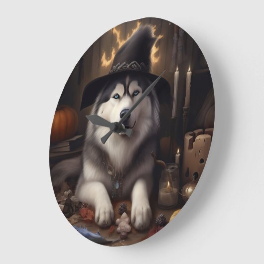 Alaskan Malamute Pumpkins Halloween Beängstigend Große Wanduhr (Winkel)