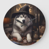 Alaskan Malamute Pumpkins Halloween Beängstigend Große Wanduhr (Vorderseite)