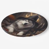 Alaskan Malamute Pumpkins Halloween Beängstigend Pappteller (Schrägansicht)
