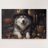 Alaskan Malamute Pumpkins Halloween Beängstigend Puzzle (Horizontal)
