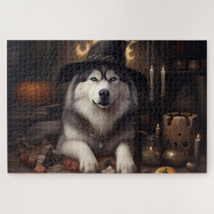 Alaskan Malamute Pumpkins Halloween Beängstigend Puzzle