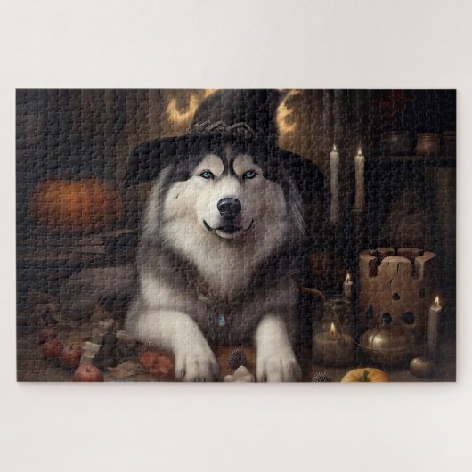 Alaskan Malamute Pumpkins Halloween Beängstigend Puzzle (Horizontal)