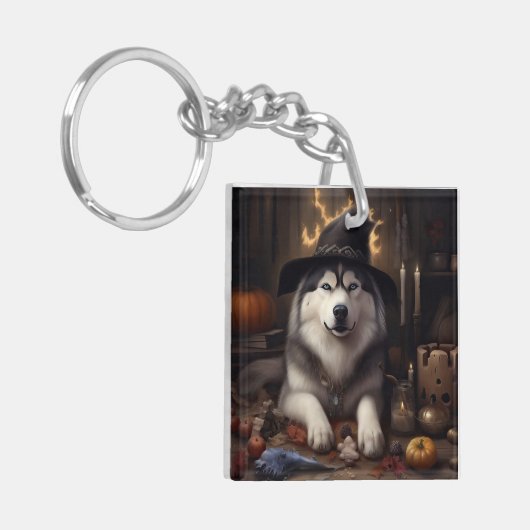 Alaskan Malamute Pumpkins Halloween Beängstigend Schlüsselanhänger (Vorderseite links)