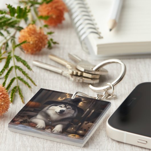 Alaskan Malamute Pumpkins Halloween Beängstigend Schlüsselanhänger (Vorderseite rechts)