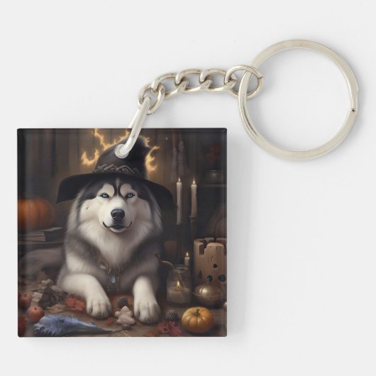 Alaskan Malamute Pumpkins Halloween Beängstigend Schlüsselanhänger (Rückseite)