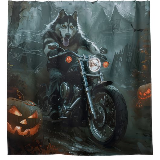 Alaskan Malamute Riding Motorrad Halloween Beängst Duschvorhang (Vorderseite)