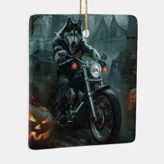 Alaskan Malamute Riding Motorrad Halloween Beängst Keramikornament (Rechts)