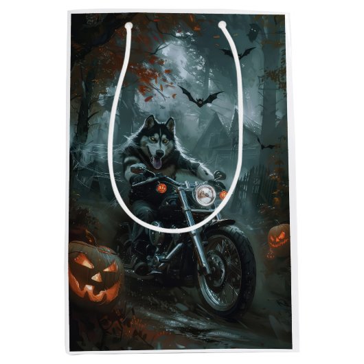 Alaskan Malamute Riding Motorrad Halloween Beängst Mittlere Geschenktüte (Vorderseite)