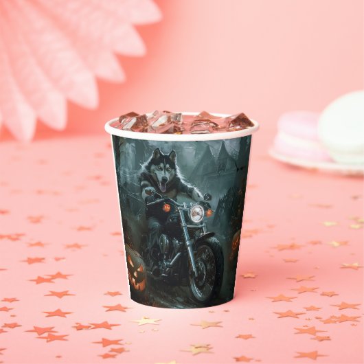 Alaskan Malamute Riding Motorrad Halloween Beängst Pappbecher (Insitu)