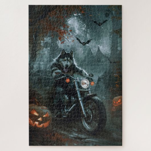 Alaskan Malamute Riding Motorrad Halloween Beängst Puzzle (Vertikal)