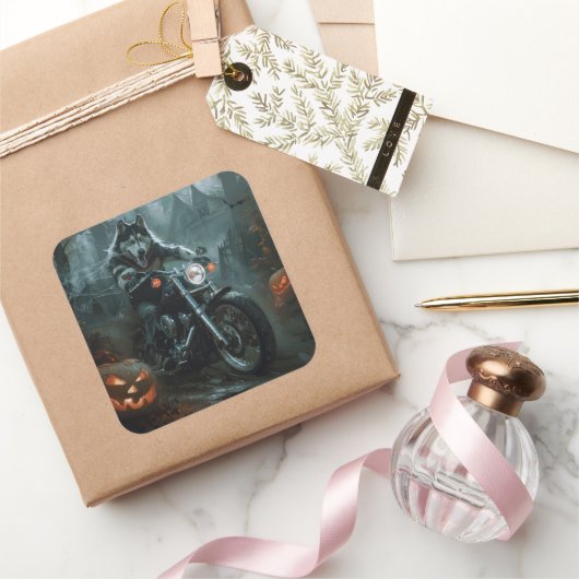 Alaskan Malamute Riding Motorrad Halloween Beängst Quadratischer Aufkleber (Schenken)