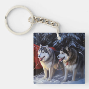 Alaskan Malamute Schneeschlittenfahrt Weihnachten  Schlüsselanhänger