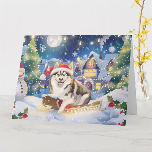 Alaskan Malamute Sleigh Snow Weihnachten Karte (Gelbe Blume)