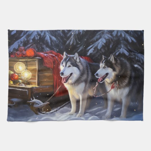 Alaskan Malamute Snowy Sleigh Riff Weihnachten Geschirrtuch (Horizontal)