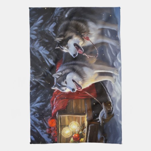 Alaskan Malamute Snowy Sleigh Riff Weihnachten Geschirrtuch (Vertikal)