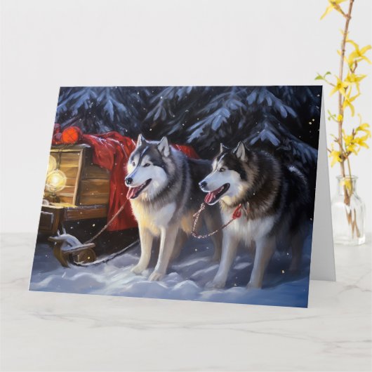 Alaskan Malamute Snowy Sleigh Riff Weihnachten Karte (Gelbe Blume)