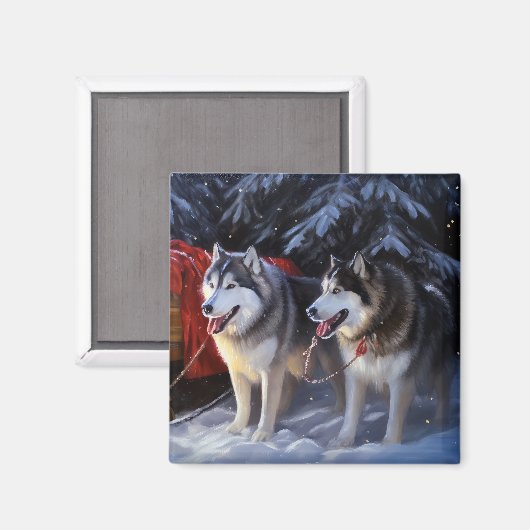 Alaskan Malamute Snowy Sleigh Riff Weihnachten Magnet (Vorderseite/Rückseite)