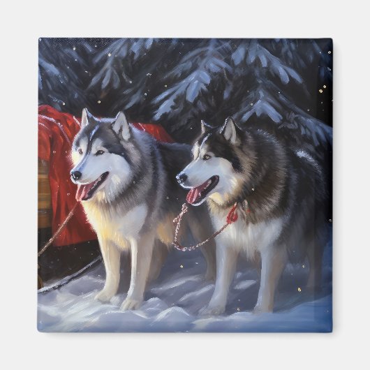 Alaskan Malamute Snowy Sleigh Riff Weihnachten Magnet (Vorne)