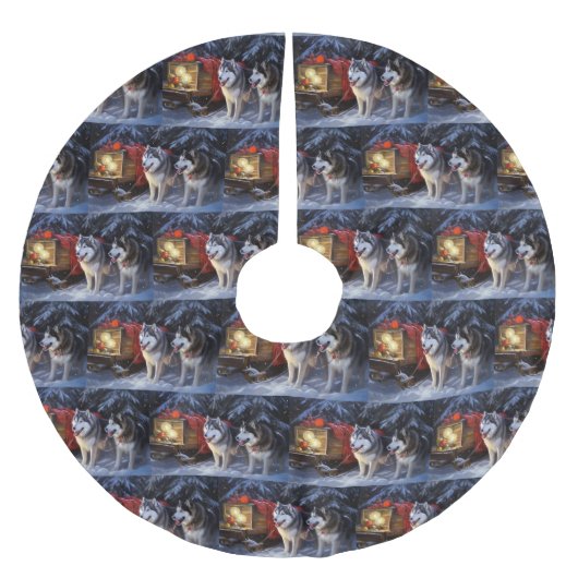 Alaskan Malamute Snowy Sleigh Riff Weihnachten Polyester Weihnachtsbaumdecke (Vorderseite)