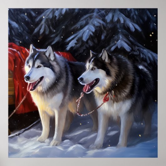 Alaskan Malamute Snowy Sleigh Riff Weihnachten Poster (Vorne)