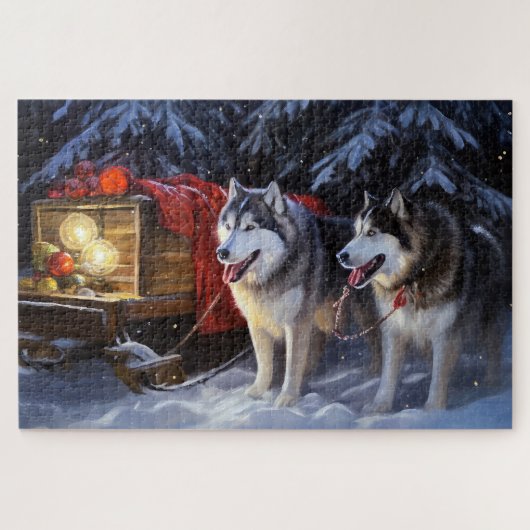 Alaskan Malamute Snowy Sleigh Riff Weihnachten Puzzle (Horizontal)