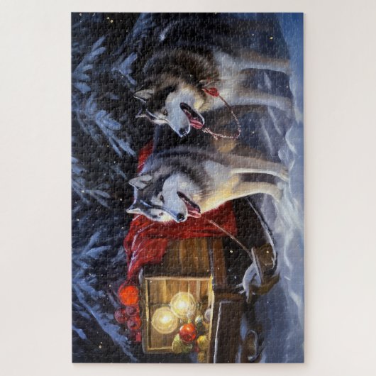 Alaskan Malamute Snowy Sleigh Riff Weihnachten Puzzle (Vertikal)