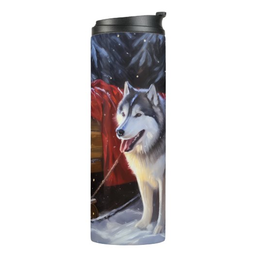 Alaskan Malamute Snowy Sleigh Riff Weihnachten Thermosbecher (Nach links gedreht)